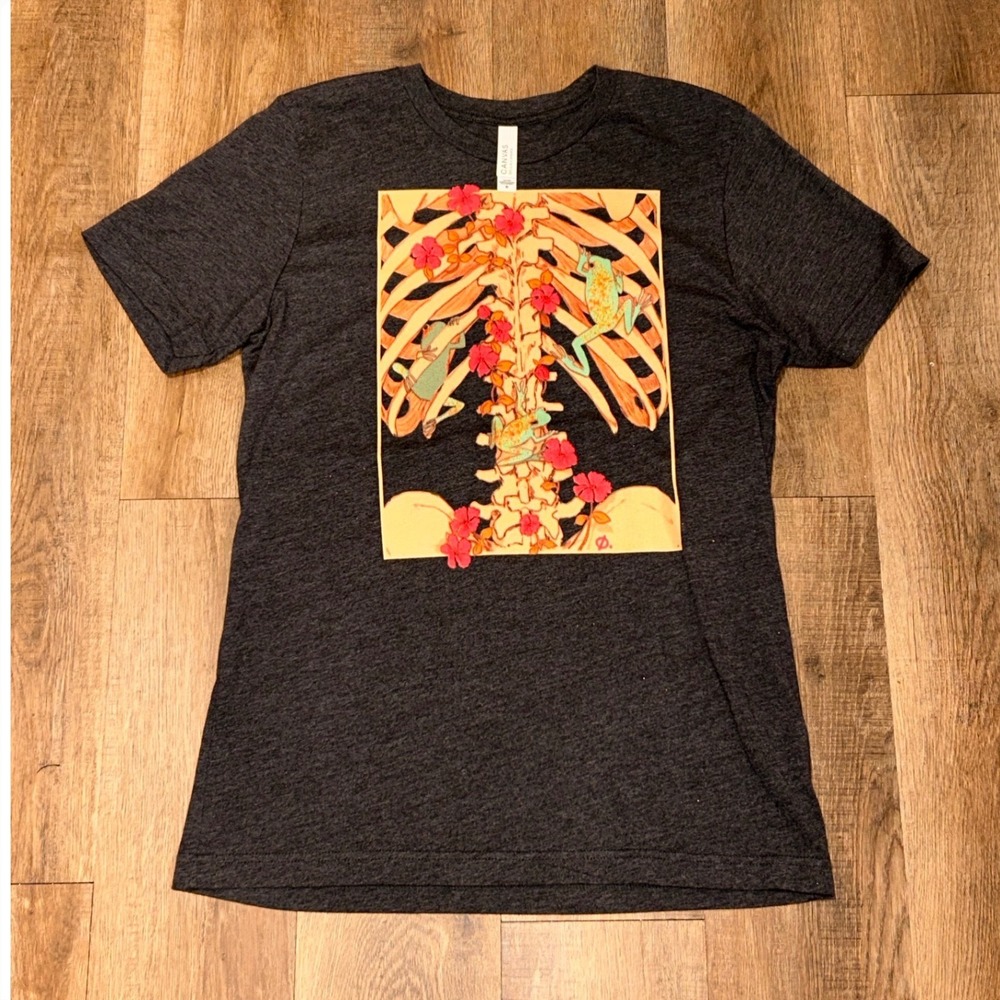 Bella Canvas Skeleton Ribcage Floral Frog Graphic Tee Charcoal Grey Medium